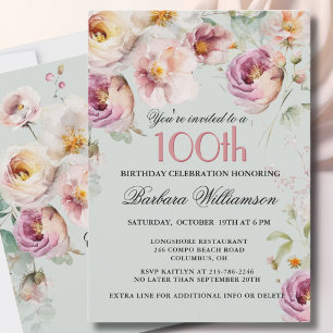 Elegant Målade Blommor 100-års Födelsedagsfest Inbjudningar