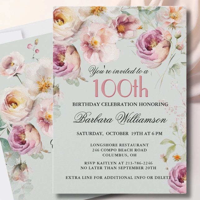 Elegant Målade Blommor 100-års Födelsedagsfest Inbjudningar (Skapare uppladdad)