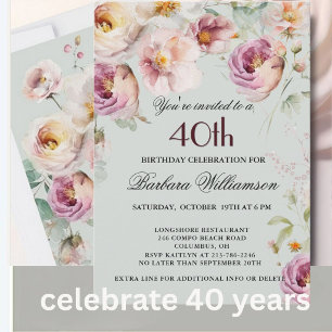 Elegant Målade Blommor 40-års Födelsedagsfest Inbj Inbjudningar