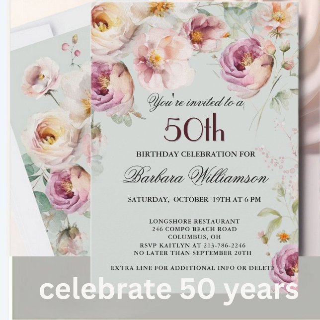 Elegant Målade Blommor 50-års Födelsedagsfest Inbjudningar (Skapare uppladdad)
