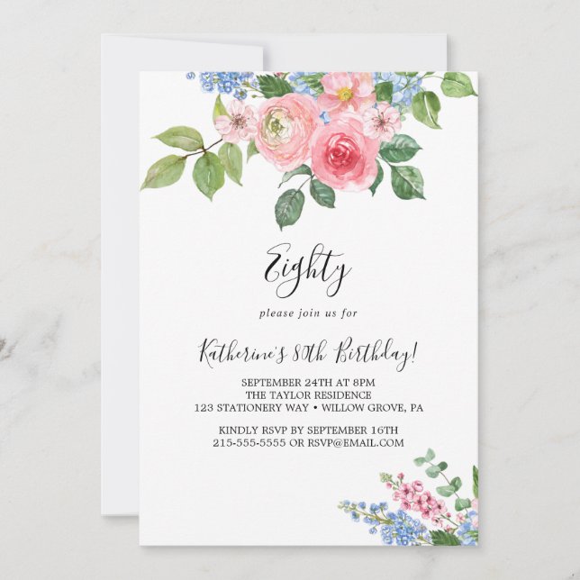 Elegant Målade Blommor 80-års Födelsedagsinbjudan Inbjudningar (Framsida)