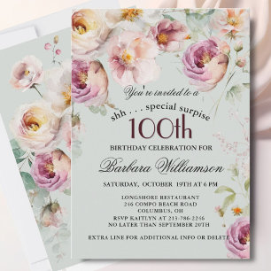 Elegant Målade Blommor Överraskning 100-årsdag Inbjudningar
