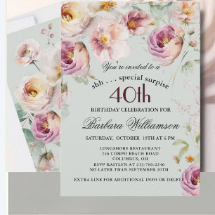 Elegant Målade Blommor Överraskning 40-årsdag  Inbjudningar