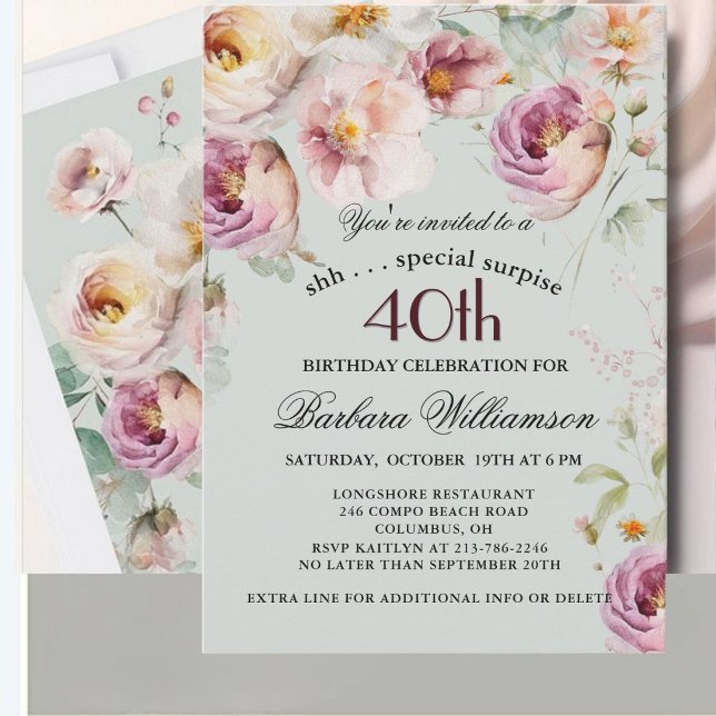 Elegant Målade Blommor Överraskning 40-årsdag  Inbjudningar (Skapare uppladdad)