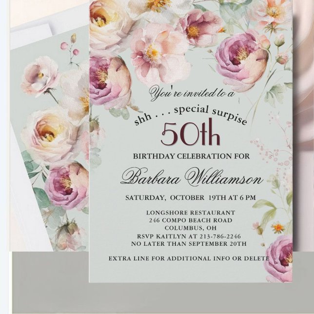Elegant Målade Blommor Överraskning 50-årsdag  Inbjudningar (Skapare uppladdad)