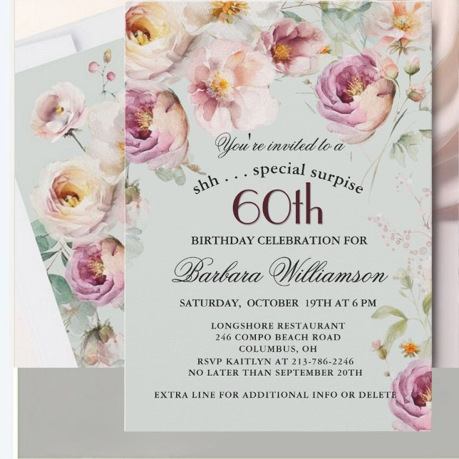Elegant Målade Blommor Överraskning 60-årsdag  Inbjudningar (Skapare uppladdad)