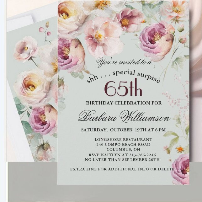Elegant Målade Blommor Överraskning 65-årsdag  Inbjudningar (Skapare uppladdad)