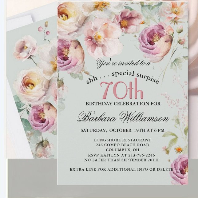 Elegant Målade Blommor Överraskning 70-årsdag  Inbjudningar (Skapare uppladdad)