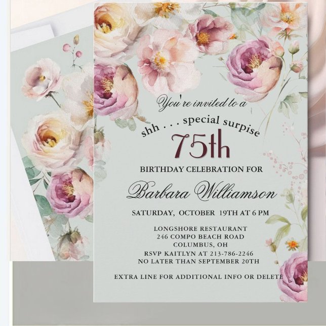 Elegant Målade Blommor Överraskning 75-årsdag  Inbjudningar (Skapare uppladdad)