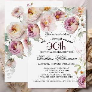 Elegant Målade Blommor Överraskning 90-årsdag Inbjudningar