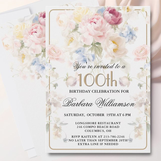 Elegant Målade Blush Rosa Blommor 100-årsdag  Inbjudningar (Skapare uppladdad)