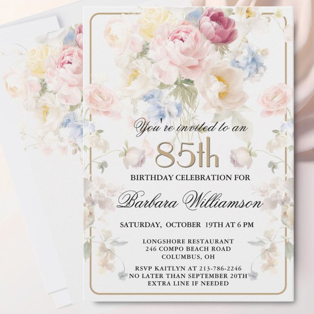 Elegant Målade Rosa Blommor 85-årsdag  Inbjudningar (Skapare uppladdad)