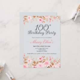 Elegant Målade Rosa Ros Blommig 100-årsdag Inbjudningar