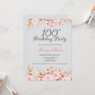 Elegant Målade Rosa Ros Blommig 100-årsdag Inbjudningar