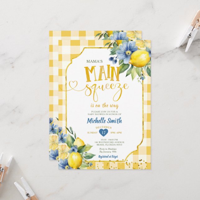 Elegant Mamma Main Squeeze Blue Lemon Baby Shower Inbjudningar (Fram/Back In Situ)