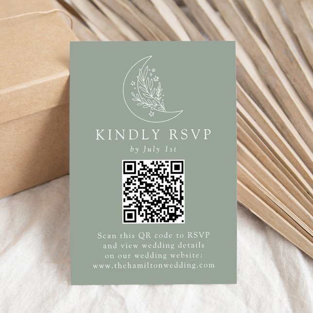 Elegant mån- och stjärnmönstrad grön QR-kod bröllo OSA Kort (Skapare uppladdad)