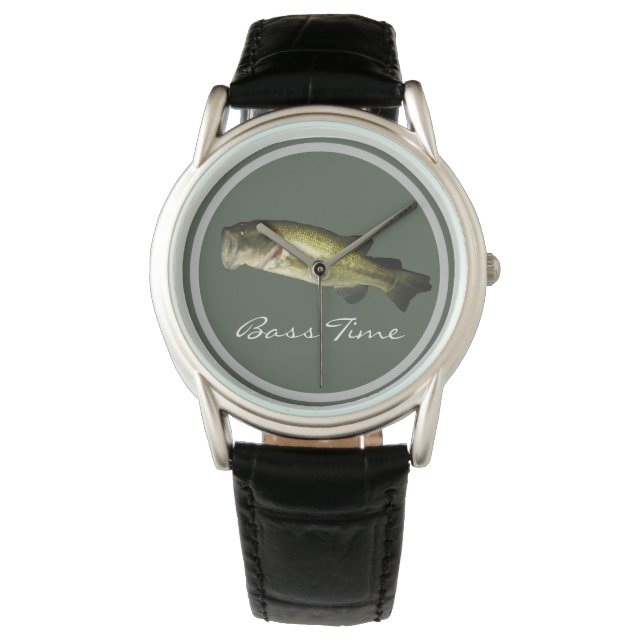 Elegant Manar Bass Fish Time Black Leather Anpassn Armbandsur (Framsida)