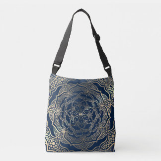 Elegant Mandala Art Boho Guld och marinblå lyx Axelväska