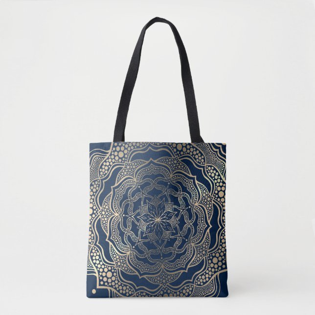 Elegant Mandala Art Boho Guld och marinblå lyx Tygkasse (Framsida)