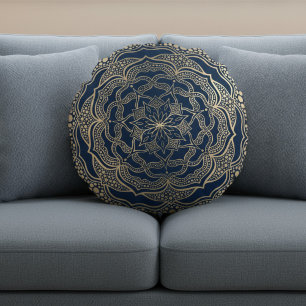 Elegant Mandala Art Boho Luxury Guld och Navy Blue Rund Kudde
