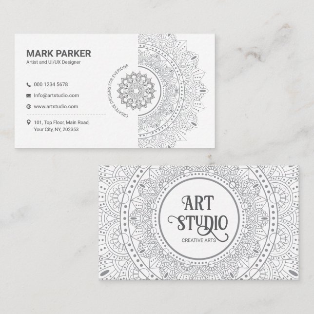 Elegant Mandala Art Studio Vit Kreativ Visitkort (Fram/baksida)