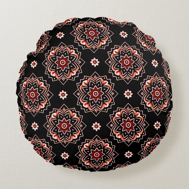 Elegant Mandala Boho Blommönster Rund Kudde (Framsidan)
