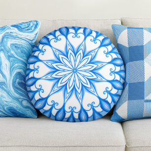 Elegant Mandala Boho Mediterranean White and Blue Rund Kudde