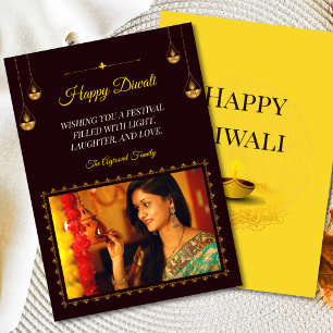 Elegant Mandala Diya Photo Brown Guld Diwali Julkort