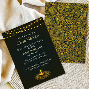 Elegant Mandala Diyas Grönt Guld Diwali Party Inbjudningar