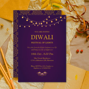 Elegant Mandala Diyas Lila golden Diwali Inbjudningar