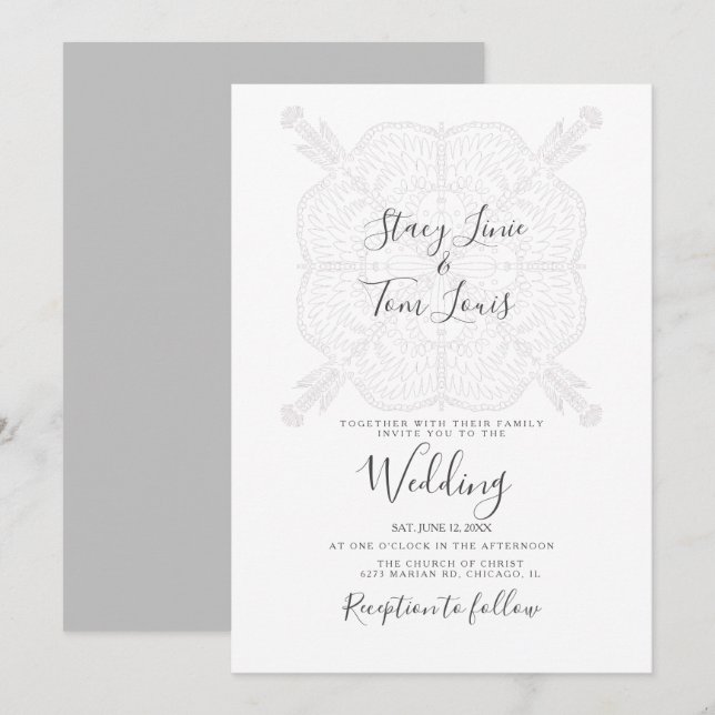 Elegant Mandala Grått White Hand plockade Inbjudningar (Fram/baksida)