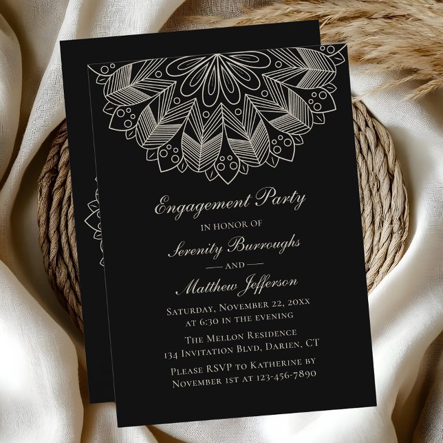 Elegant Mandala Indian Boho Black Förlovningsfest Inbjudningar (Skapare uppladdad)