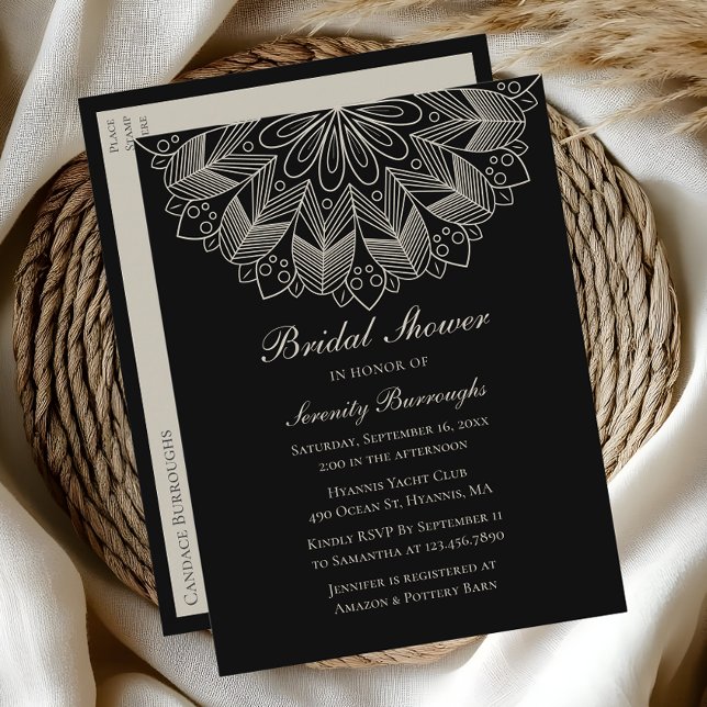 Elegant Mandala Indian Boho Black Möhippa Inbjudan Vykort (Skapare uppladdad)