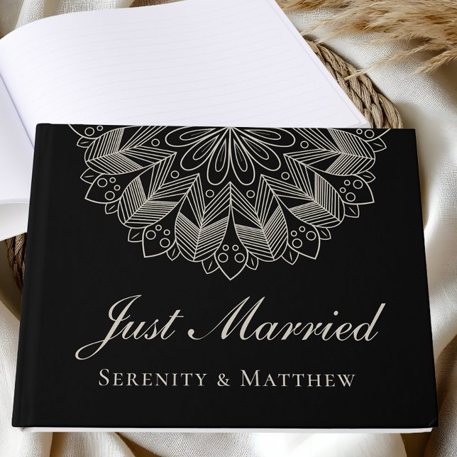 Elegant Mandala Indisk Boho Chic Svart Bröllop Gästböcker (Skapare uppladdad)