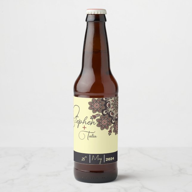 Elegant Mandala-Inspired Bröllop Ölflaska Etikett (Framsida)