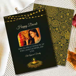 Elegant Mandala Photo Grönt Guld Diwali Julkort
