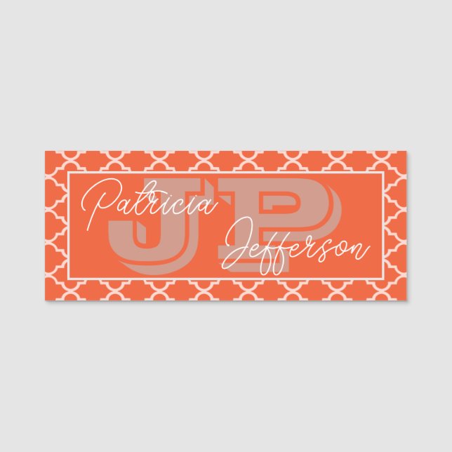Elegant Mandarinapelsin Fyrflikig Monogram Namnbricka (Framsida)
