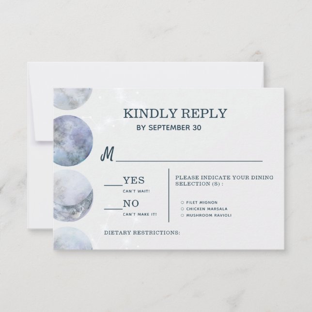 Elegant Måne Blå Guld Stars Bröllop OSA Kort (Framsida)