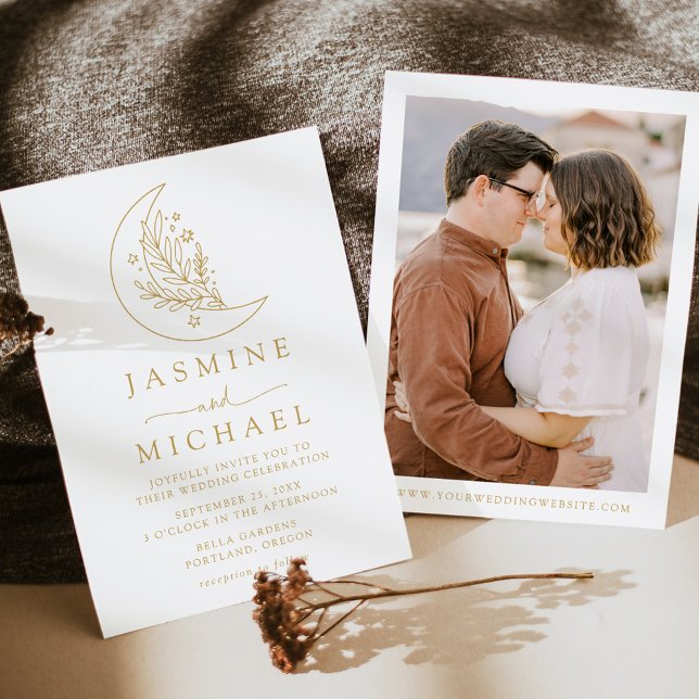 Elegant Måne och Stars Guld Photo Bröllop Inbjudningar (Skapare uppladdad)