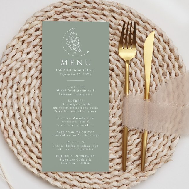 Elegant måne och stjärnor Sagegrön bröllopsmeny Meny (Skapare uppladdad)