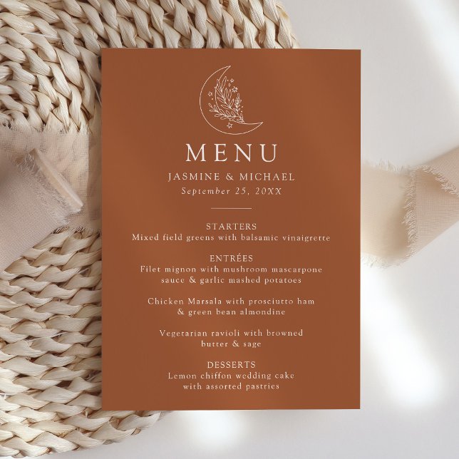 Elegant måne och stjärnor terrakotta bröllop meny (Skapare uppladdad)