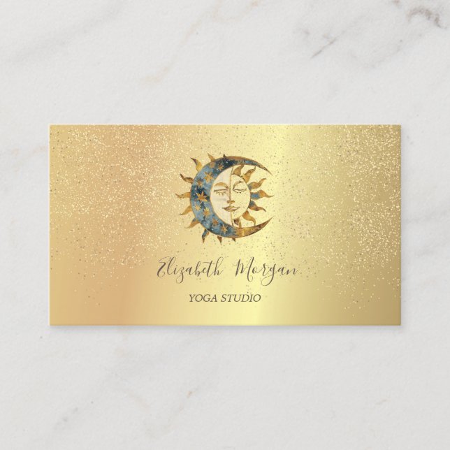 Elegant Måne Sol Guld Confetti Yoga Studio Visitkort (Framsida)