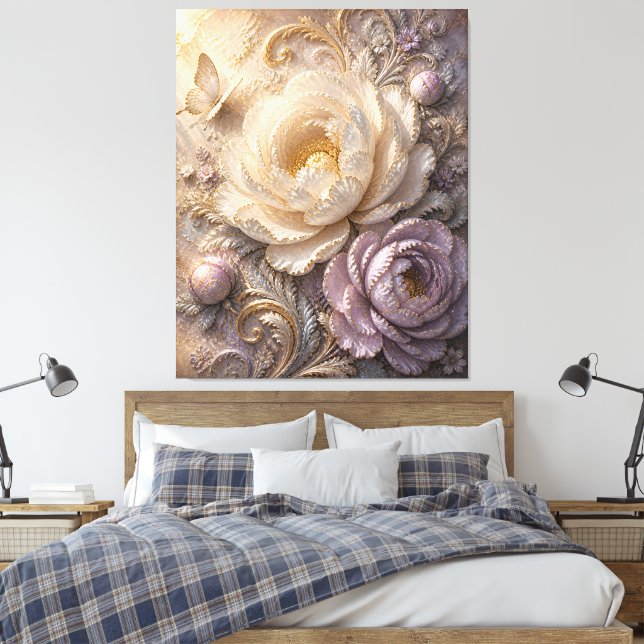 Elegant månfrostblom | Lyxig präglad blom Canvastryck (Insitu (sovrum))