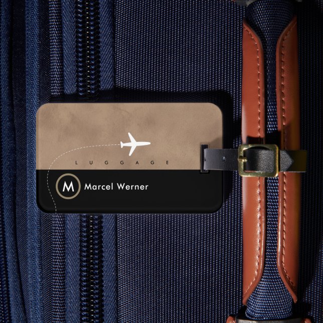 Elegant Manlig Brun Svart Monogram Bagagebricka (Framsida Insitu 4)