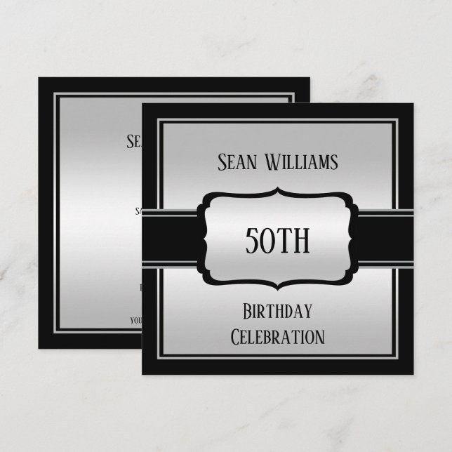 Elegant Man's Silver & Black 50:e födelsedagen Inbjudningar (Fram/baksida)