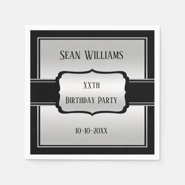 Elegant Man's Silver & Black Birthday Pappersservett (Framsidan)