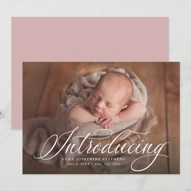 Elegant manus som introducerar ett foto rosa födel meddelande (Fram/baksida)