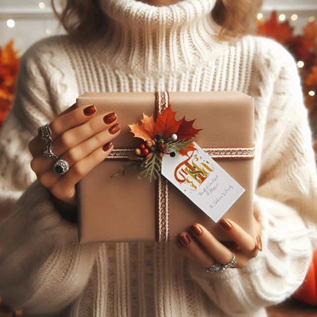 Elegant Manuscript Thanks Autumn Fall Foliage Presentetikett (Skapare uppladdad)