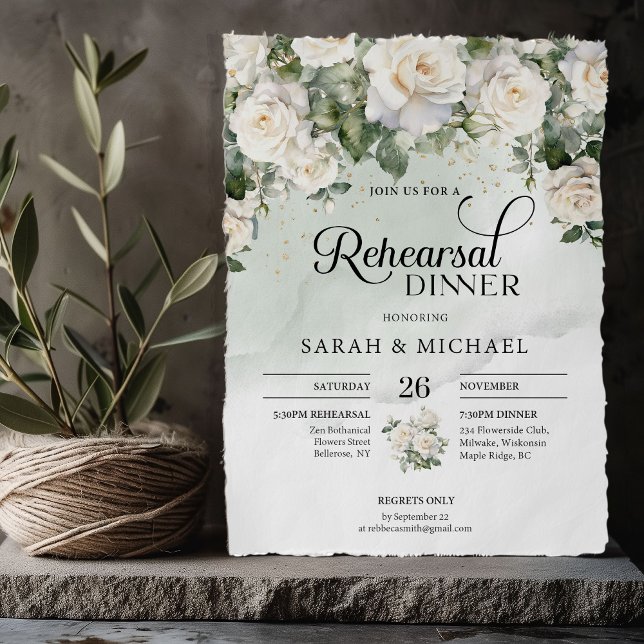 Elegant-manuset vit ros och guld-repetition inbjudningar (Bohemian White Roses and Eucalyptus Greenery and gold wedding rehearsal dinner invitation)