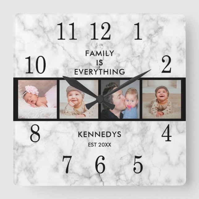 Elegant Marble 4 Photo Collage Family Quote Fyrkantig Klocka (Framsida)